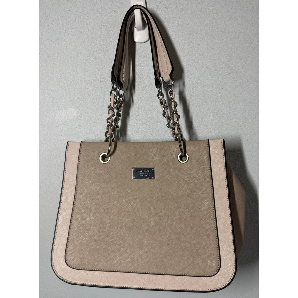 G Guess Purse Tan Saffiano Faux Leather Chain Strap Logo Tote Everyday 12x10x5
